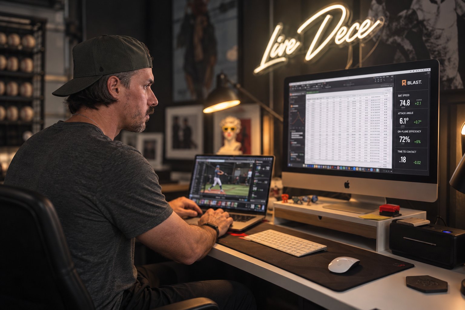 Justin reviewing swing video and Blast data at his desk