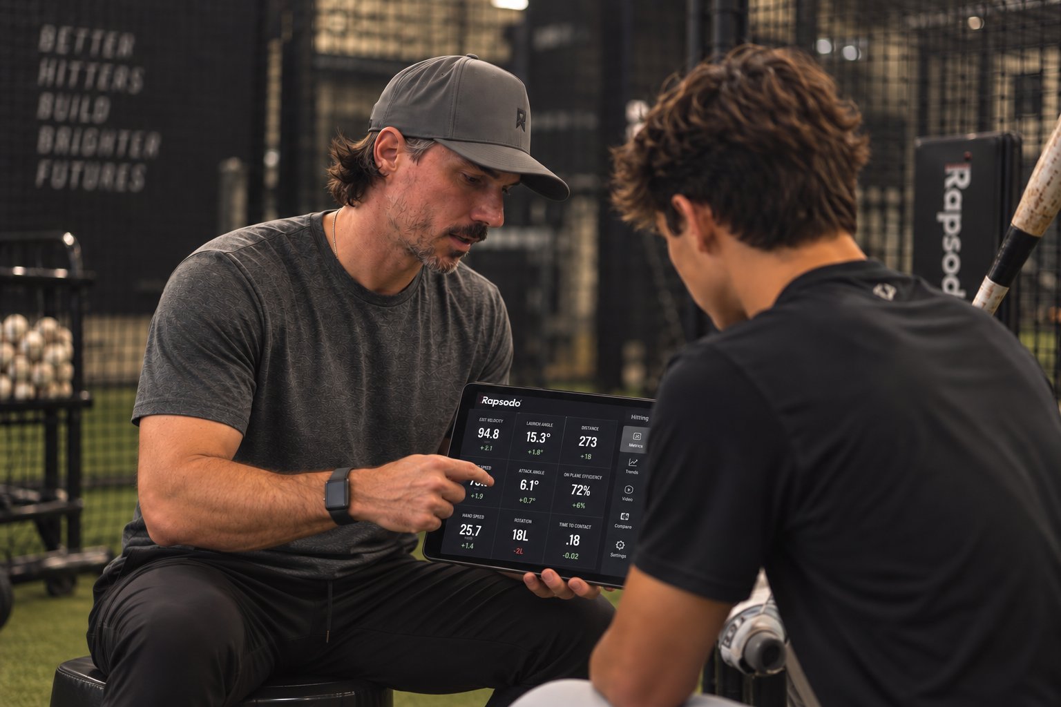 Justin reviewing ball-flight data with a hitter